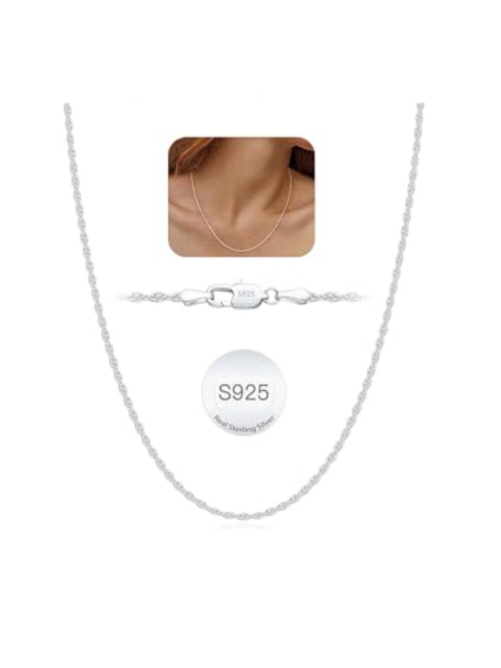 925 Sterling Silver Rope Chain Necklace 1.5mm Women Sturdy Non-Fading
